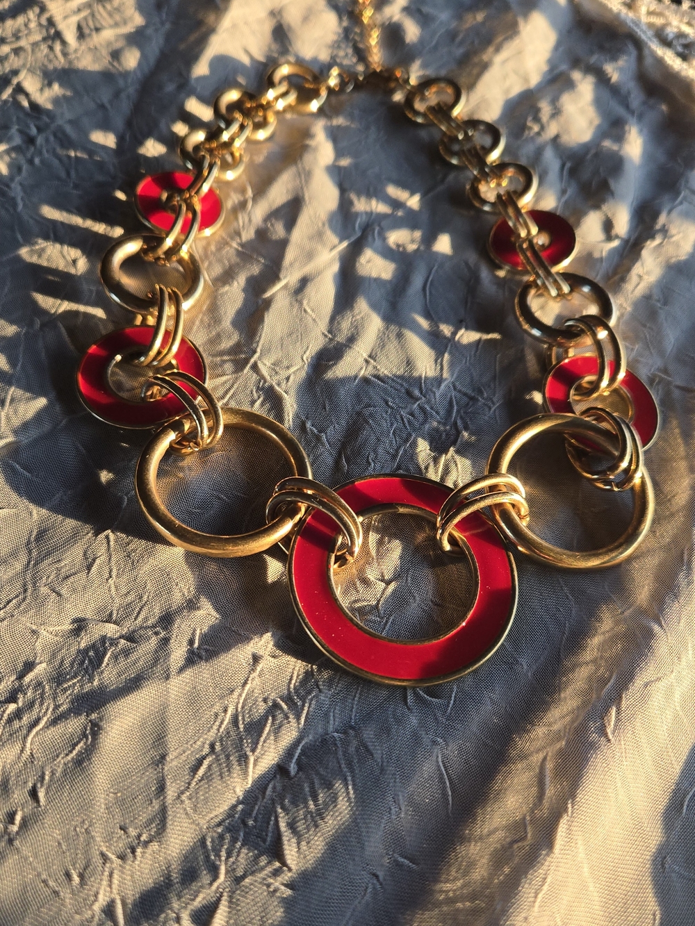 Gold-tone Necklace with Red Enamel Ring Accents